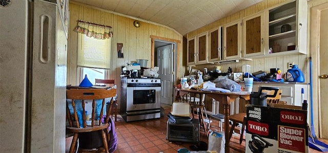 527 E Wall St, Morrison, IL 61270 - kitchen with stainless steel range with gas stovetop, wooden walls, and fridge