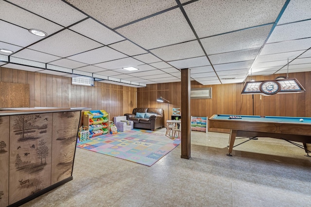 1355 S Highland Ave, Arlington Heights, IL 60005 - playroom featuring tile patterned floors, wooden walls, billiards table, and a paneled ceiling
