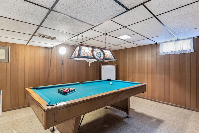 1355 S Highland Ave, Arlington Heights, IL 60005 - rec room with a paneled ceiling, pool table, light floors, and wood walls