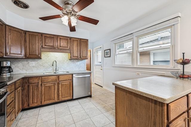 1355 S Highland Ave, Arlington Heights, IL 60005 - kitchen featuring stainless steel dishwasher, tasteful backsplash, ceiling fan, light tile patterned floors, and brown cabinetry