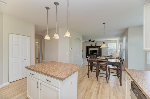 11703 Wolf Creek Ln, Plainfield, IL 60585 - kitchen featuring light wood-style flooring, dishwashing machine, a ceiling fan, and light countertops