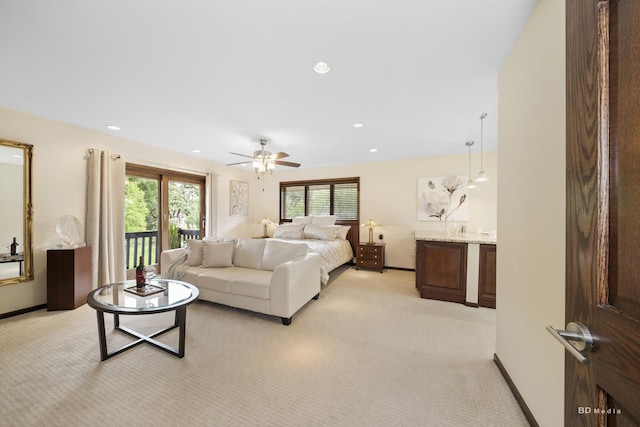 7 Bell Oak Ln, Lemont, IL 60439 - bedroom featuring light carpet, access to outside, recessed lighting, and ceiling fan