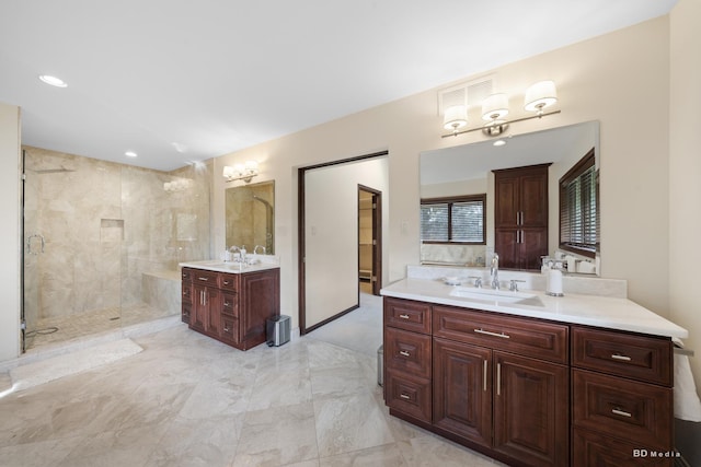 7 Bell Oak Ln, Lemont, IL 60439 - bathroom with two vanities, a shower stall, and recessed lighting