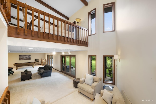 7 Bell Oak Ln, Lemont, IL 60439 - living area featuring beamed ceiling, carpet, and high vaulted ceiling