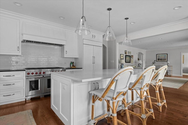 1111 Seneca Rd, Wilmette, IL 60091 - kitchen with premium appliances, custom exhaust hood, open floor plan, backsplash, and white cabinets