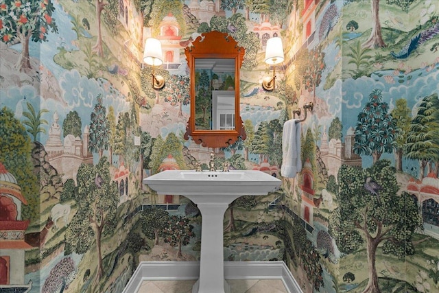 1111 Seneca Rd, Wilmette, IL 60091 - bathroom with wallpapered walls and tile patterned flooring