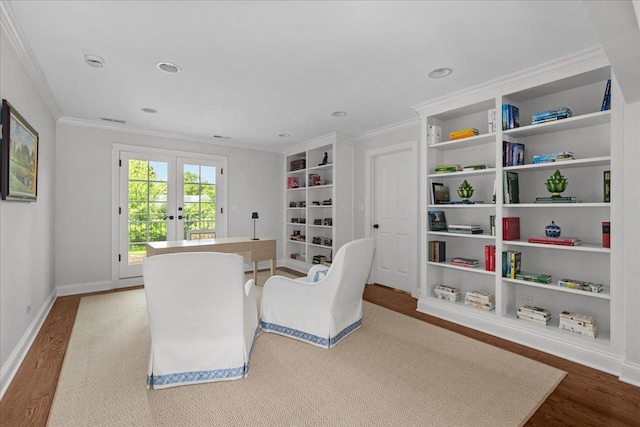 1111 Seneca Rd, Wilmette, IL 60091 - office space featuring ornamental molding, french doors, wood finished floors, built in features, and recessed lighting