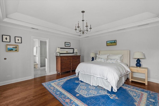 1111 Seneca Rd, Wilmette, IL 60091 - bedroom featuring a tray ceiling, wood finished floors, ornamental molding, and a chandelier
