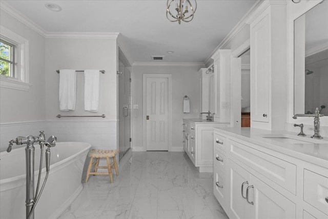 1111 Seneca Rd, Wilmette, IL 60091 - full bathroom featuring a stall shower, two vanities, a freestanding tub, marble finish flooring, and crown molding
