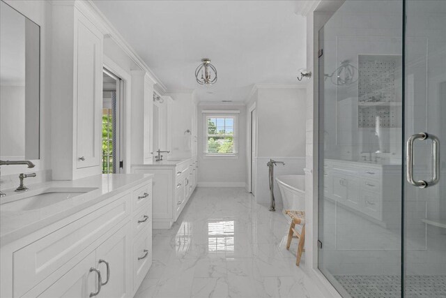1111 Seneca Rd, Wilmette, IL 60091 - full bathroom featuring marble tiled flooring, two vanities, ornamental molding, a stall shower, and a soaking tub