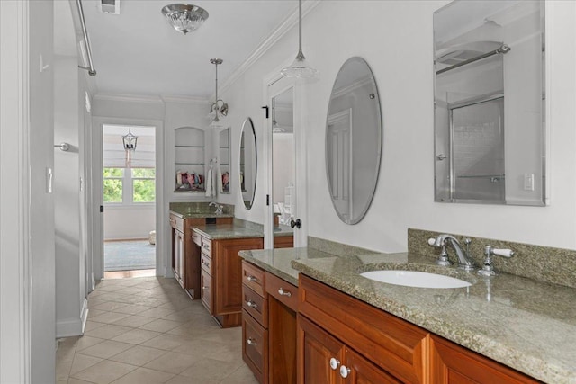 1111 Seneca Rd, Wilmette, IL 60091 - bathroom with vanity, tile patterned flooring, crown molding, and a shower with door