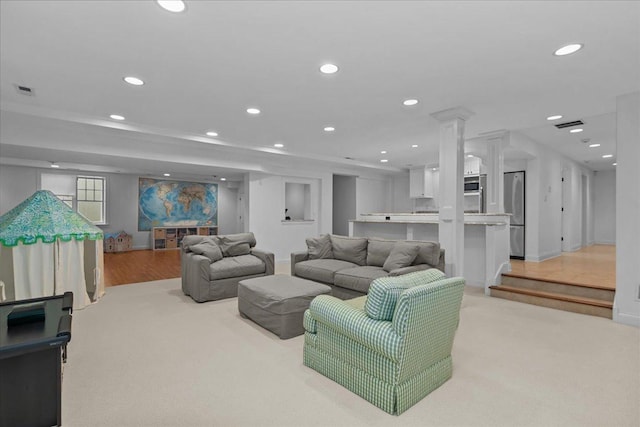 1111 Seneca Rd, Wilmette, IL 60091 - living room with recessed lighting and decorative columns