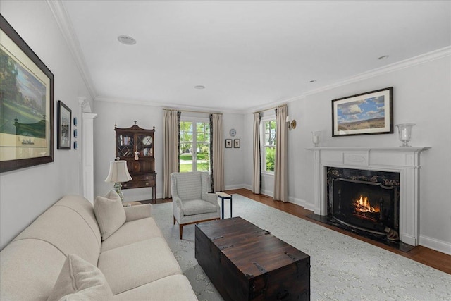 1111 Seneca Rd, Wilmette, IL 60091 - living area with a fireplace, ornamental molding, and wood finished floors