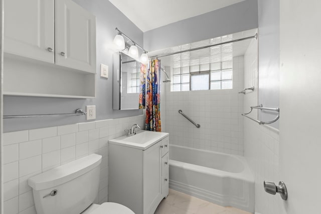 3021 Pearl St, Franklin Park, IL 60131 - full bath featuring vanity, shower / bathtub combination with curtain, tile walls, and marble look tiles