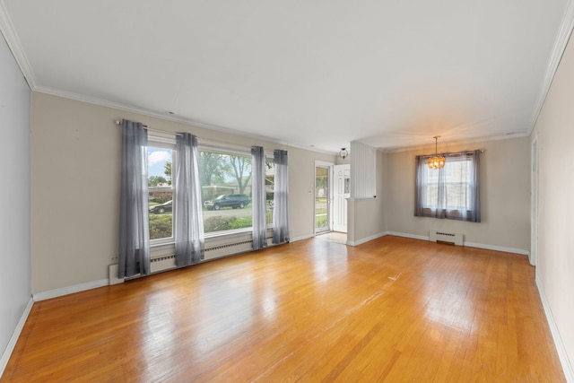 3021 Pearl St, Franklin Park, IL 60131 - unfurnished living room with a baseboard radiator, crown molding, healthy amount of natural light, light wood-style flooring, and a chandelier