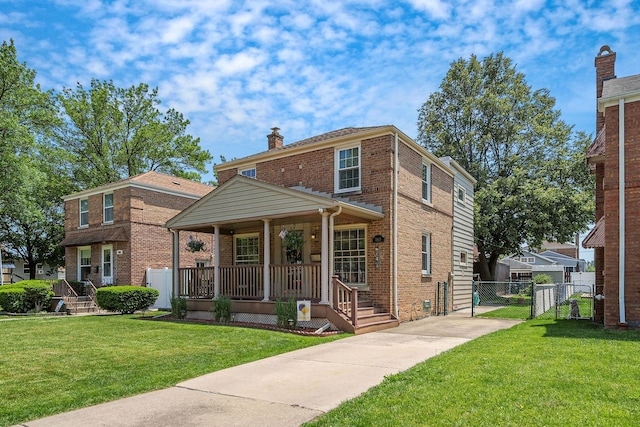 7805 W Farragut Ave, Chicago, IL 60656 - view of front of property with covered porch, a gate, brick siding, a chimney, and driveway