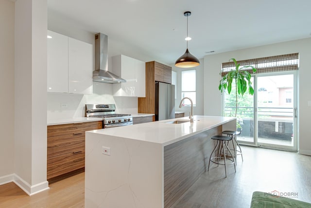 42 Legacy Ln, Wheeling, IL 60090 - kitchen with wall chimney range hood, appliances with stainless steel finishes, modern cabinets, light wood-style floors, and white cabinets