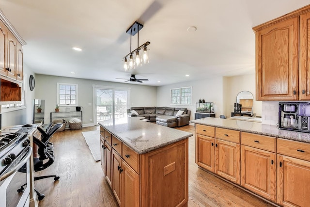 115 Circle Dr W, Montgomery, IL 60538 - kitchen with open floor plan, a ceiling fan, light wood finished floors, and recessed lighting