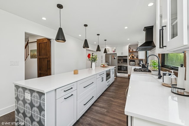 1227 Timber Dr, Elk Grove Village, IL 60007 - kitchen featuring appliances with stainless steel finishes, open shelves, wall chimney range hood, light countertops, and recessed lighting