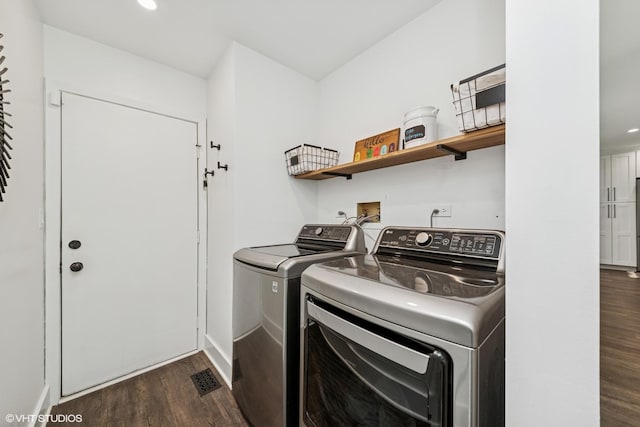 1227 Timber Dr, Elk Grove Village, IL 60007 - laundry room featuring independent washer and dryer, dark wood-style flooring, and recessed lighting