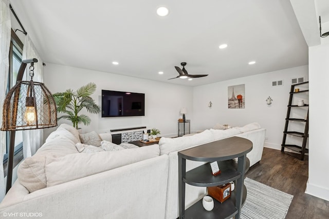 1227 Timber Dr, Elk Grove Village, IL 60007 - living room with dark wood-style flooring, a ceiling fan, and recessed lighting