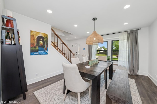 1227 Timber Dr, Elk Grove Village, IL 60007 - dining room featuring stairway, dark wood-style floors, and recessed lighting