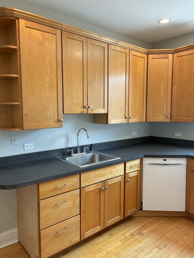 1961 W Winona Ave Unit 3, Chicago, IL 60640 - kitchen featuring white dishwasher, open shelves, light wood finished floors, dark countertops, and recessed lighting
