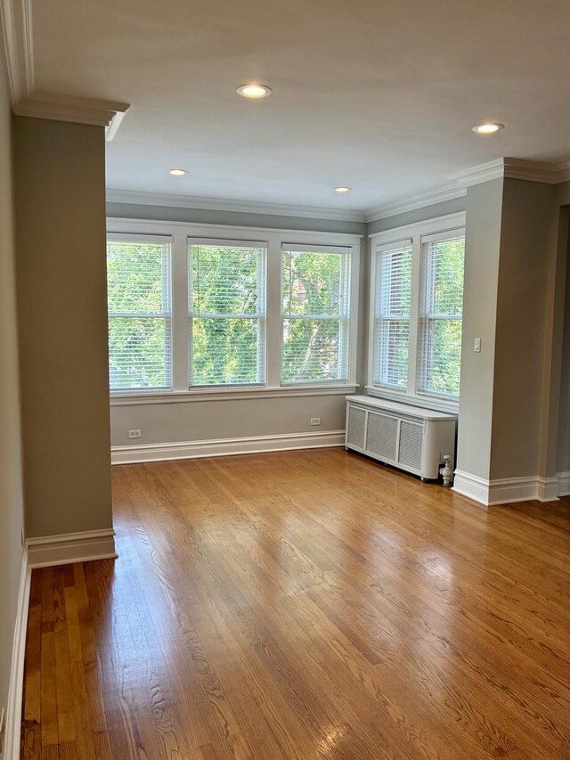 1961 W Winona Ave Unit 3, Chicago, IL 60640 - unfurnished room featuring radiator, ornamental molding, plenty of natural light, wood finished floors, and recessed lighting