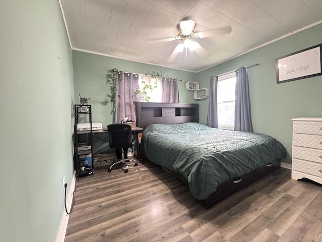 901 N Knox St, Princeton, IL 61356 - bedroom with ornamental molding, wood finished floors, and a ceiling fan