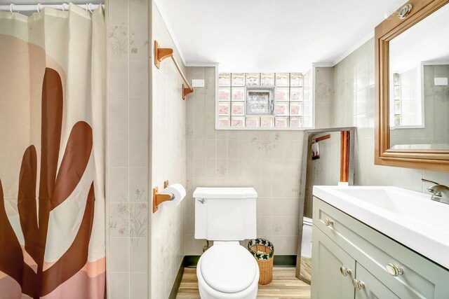 11334 S Central Park Ave, Chicago, IL 60655 - bathroom featuring tile walls, vanity, a shower with shower curtain, and wood finished floors