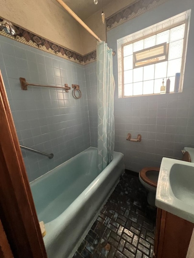 8723 S Hermitage Ave, Chicago, IL 60620 - bathroom featuring brick flooring, shower / bath combination with curtain, vanity, and tile walls