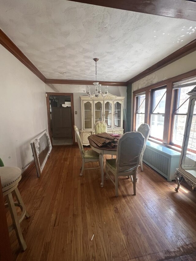 8723 S Hermitage Ave, Chicago, IL 60620 - dining area featuring dark wood-style flooring, ornamental molding, radiator heating unit, and a textured ceiling