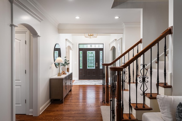 1046 Sylvan Cir, Naperville, IL 60540 - entrance foyer with dark wood-type flooring, ornamental molding, arched walkways, recessed lighting, and stairs