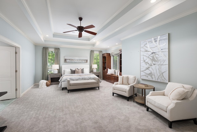 1046 Sylvan Cir, Naperville, IL 60540 - carpeted bedroom with a ceiling fan, ornamental molding, a tray ceiling, and recessed lighting