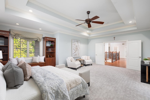 1046 Sylvan Cir, Naperville, IL 60540 - carpeted bedroom with a tray ceiling, ornamental molding, recessed lighting, and a ceiling fan