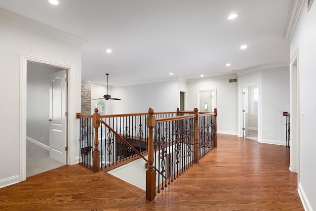 1046 Sylvan Cir, Naperville, IL 60540 - hall featuring an upstairs landing, wood finished floors, recessed lighting, and ornamental molding