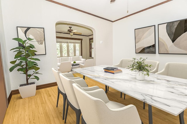 3110 N 78th Ave, Elmwood Park, IL 60707 - dining area with a ceiling fan, crown molding, arched walkways, and light wood-style floors