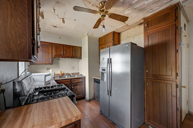 230 W Garfiled Ave, Decatur, IL 62526 - kitchen featuring stainless steel fridge, dark wood-style floors, a ceiling fan, black gas range, and butcher block countertops