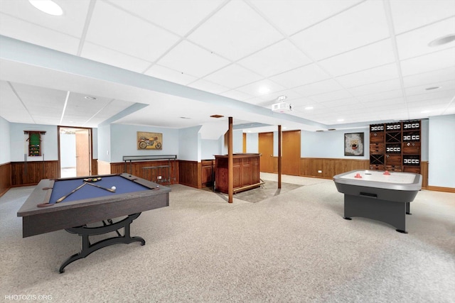 1456 Della Dr, Hoffman Estates, IL 60169 - game room featuring a drop ceiling, a wainscoted wall, wooden walls, a bar, and billiards
