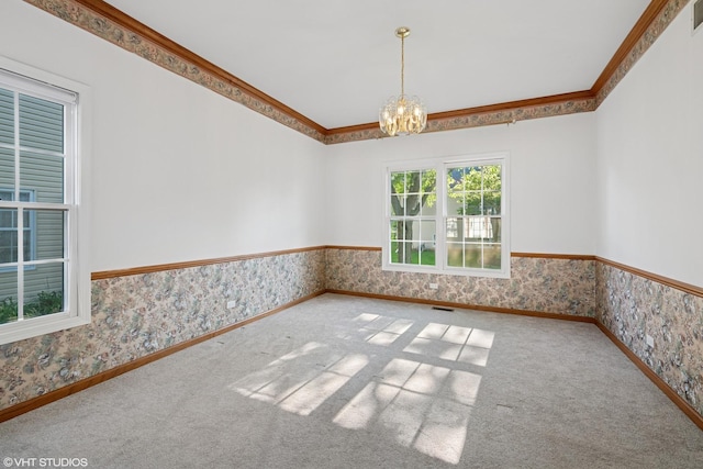 1456 Della Dr, Hoffman Estates, IL 60169 - spare room featuring wallpapered walls, a chandelier, carpet, and ornamental molding