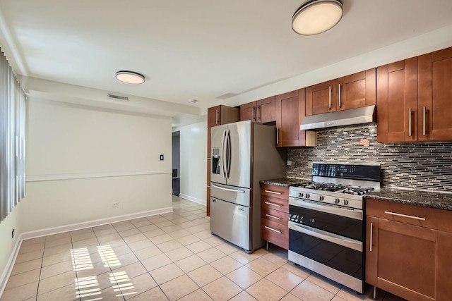 2067 W Farwell Ave Unit 1S, Chicago, IL 60645 - kitchen with under cabinet range hood, stainless steel appliances, light tile patterned floors, backsplash, and dark stone counters