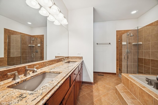 1012 Hickory Dr, Western Springs, IL 60558 - bathroom with a shower stall, double vanity, tile patterned floors, a garden tub, and recessed lighting