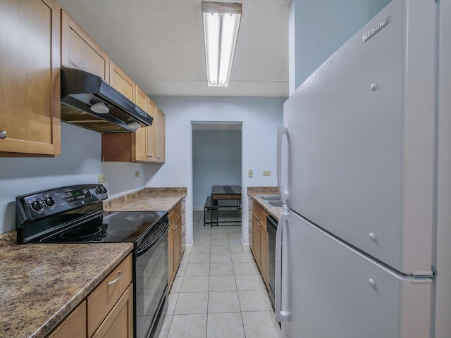 5600 Astor Ln Unit 202, Rolling Meadows, IL 60008 - kitchen with black appliances, extractor fan, light tile patterned floors, and dark countertops