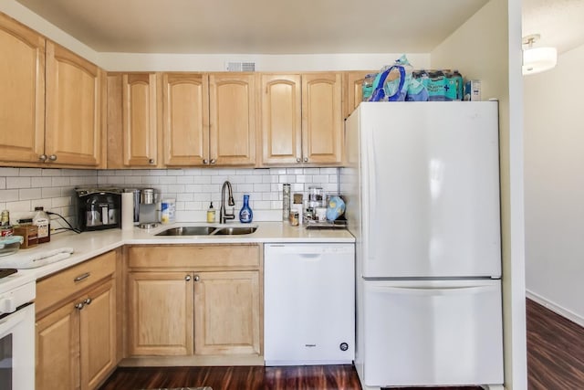 6700 S S Shore Dr Unit 17C, Chicago, IL 60649 - kitchen with white appliances, light brown cabinets, decorative backsplash, dark wood-style floors, and light countertops