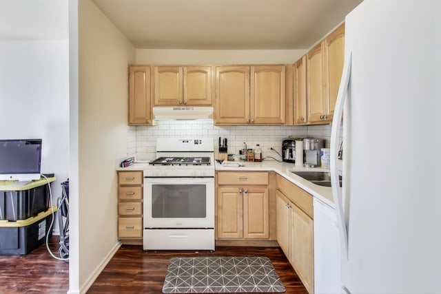 6700 S S Shore Dr Unit 17C, Chicago, IL 60649 - kitchen with white appliances, light brown cabinetry, under cabinet range hood, dark wood-style floors, and decorative backsplash