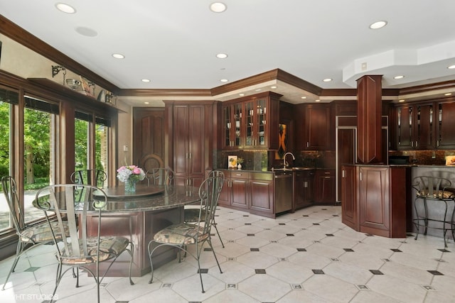 5688 Rosos Pkwy, Long Grove, IL 60047 - kitchen with dishwasher, a breakfast bar area, decorative backsplash, glass insert cabinets, and recessed lighting