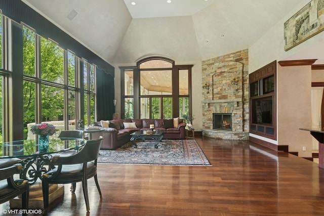 5688 Rosos Pkwy, Long Grove, IL 60047 - living area with high vaulted ceiling, a fireplace, wood finished floors, and recessed lighting