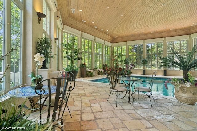 5688 Rosos Pkwy, Long Grove, IL 60047 - sunroom with recessed lighting, stone tile floors, plenty of natural light, and wood ceiling