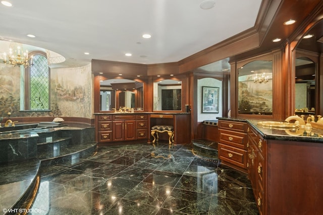5688 Rosos Pkwy, Long Grove, IL 60047 - full bathroom with a chandelier, two vanities, a garden tub, marble tiled flooring, and ornamental molding