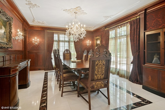 5688 Rosos Pkwy, Long Grove, IL 60047 - dining room featuring a chandelier, plenty of natural light, inlaid floor details, crown molding, and light tile patterned floors